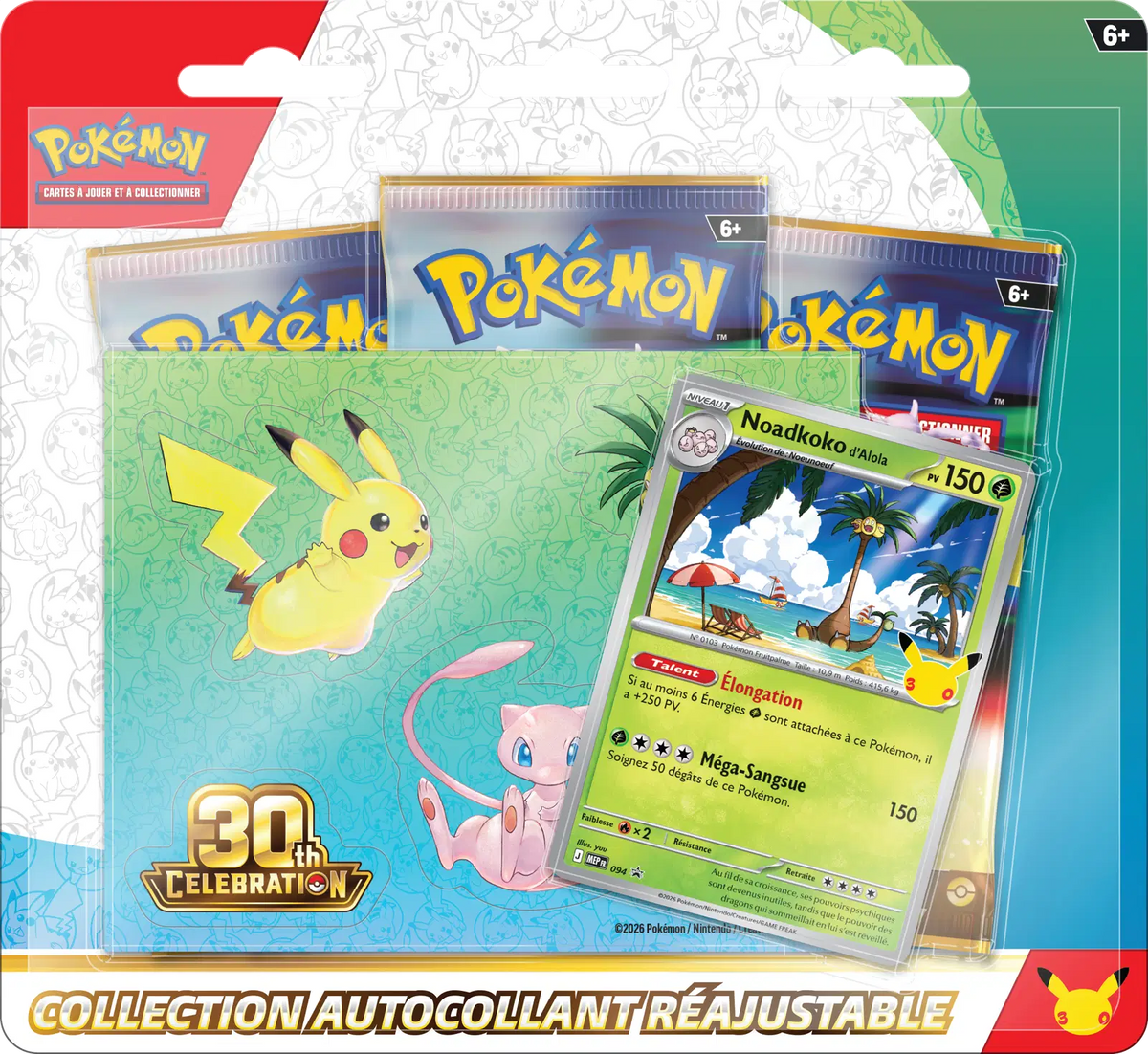 Pokémon Collection Autocollant Réajustable 30e Anniversaire français Noadkoko d'Alola ou Lucario